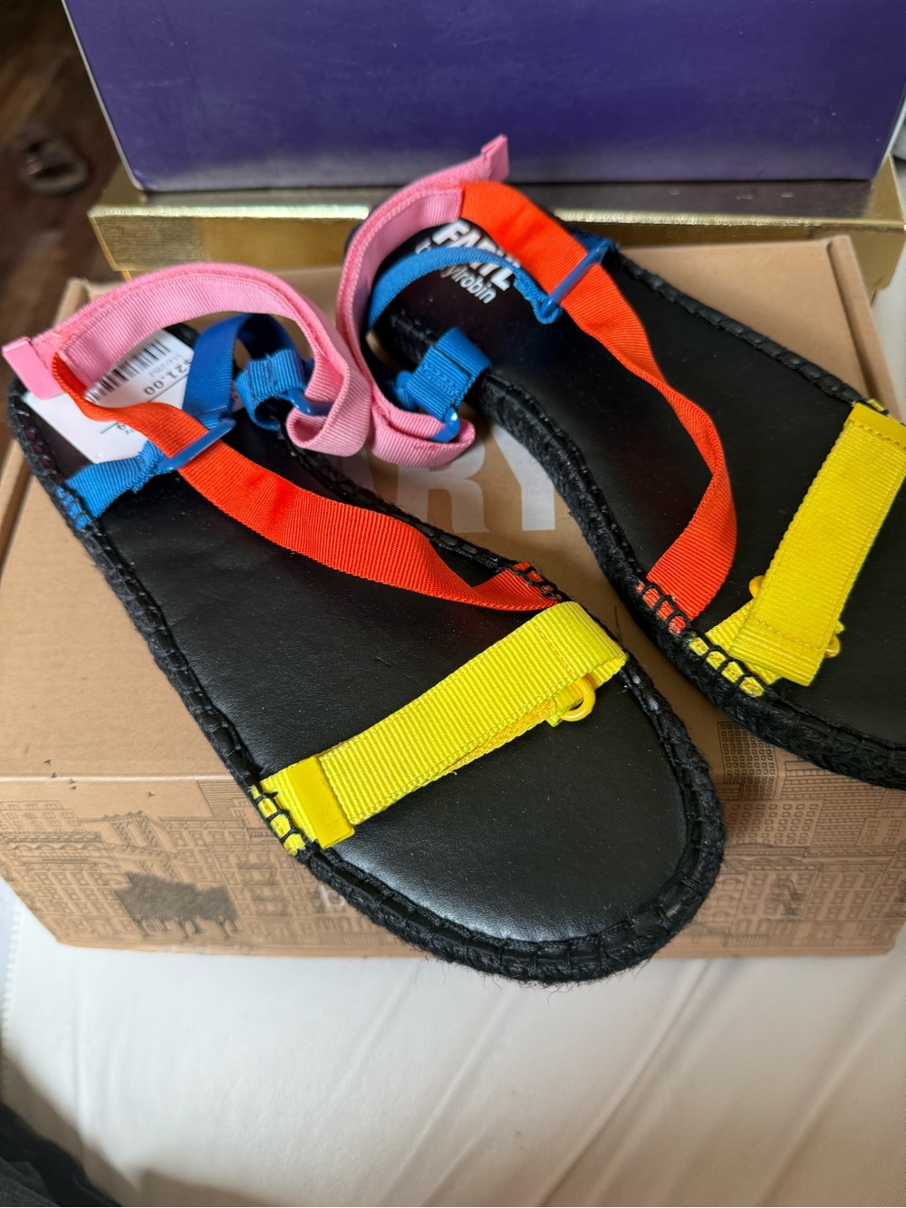 Farylrobin Black Sandals with Yellow, Red, Blue & Pink Straps